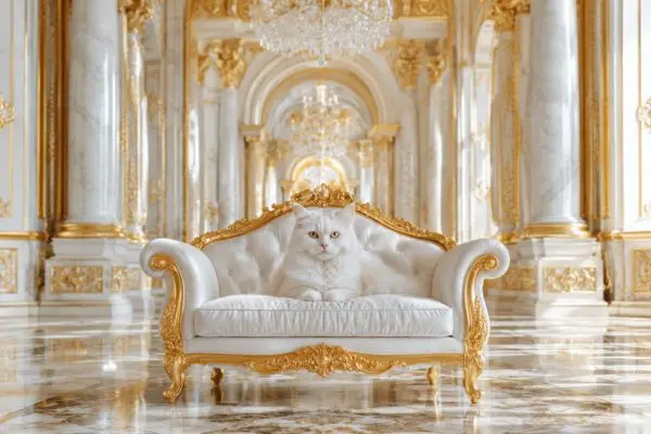 "Front view of luxury white and gold cat sofa in a marble palace"