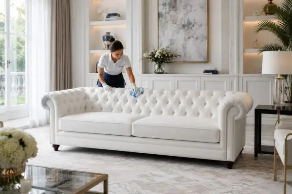 Professional living room furniture cleaning and routine maintenance procedure.