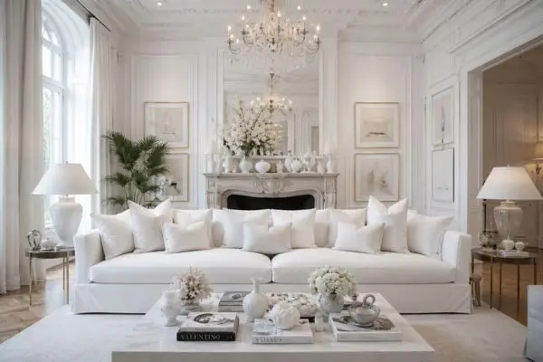 Monochromatic interior design layout highlighting common living room decor mistakes.