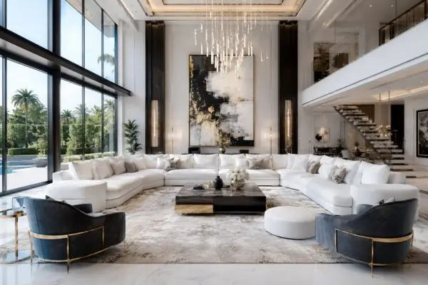 Large luxury white sectional sofa in a spacious modern living room with grand decor.