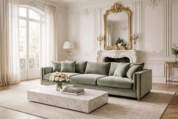 Classic luxury sage green velvet sofa in a Parisian style living room with gold ornate mirror