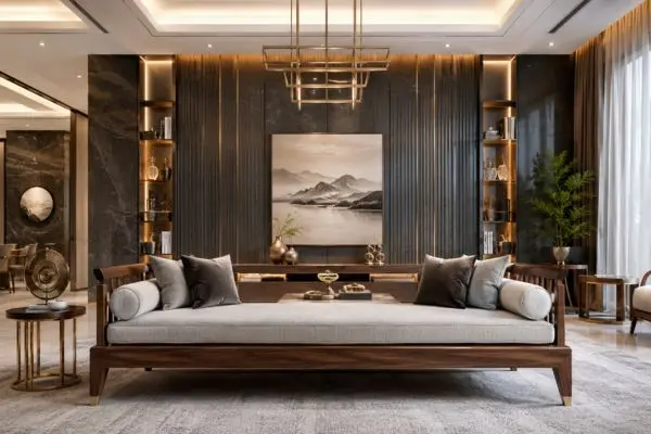 Grey cushion seating with luxury walnut wood frame in modern lounge