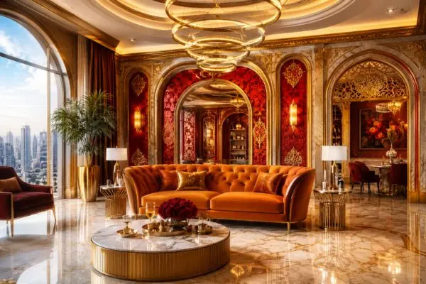 Tufted amber velvet 2 seater sofa in a luxury red and gold palace living room.