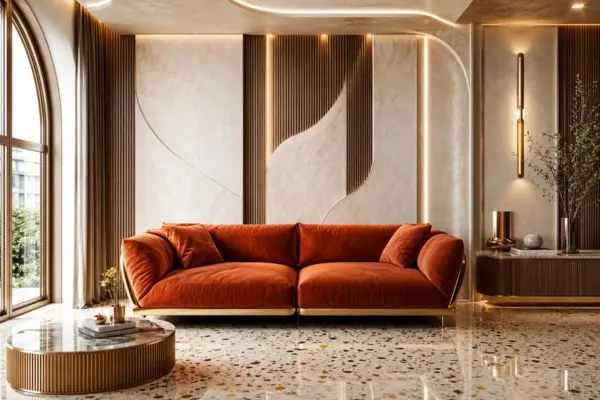 Placed luxury terracotta velvet couch in a high-end textured living room setup.