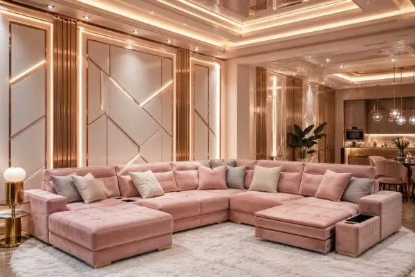 Modern baby pink sectional sofa bed in luxury living room