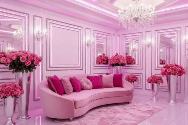 Blush pink curved Dune Sofa in a glamorous rose pink and white themed luxury living room with neon tracks.