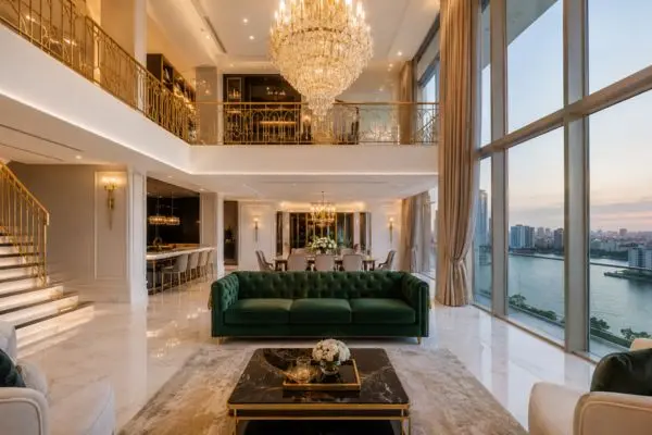 A standard three-seater green velvet sofa in a luxury double-height penthouse living room.