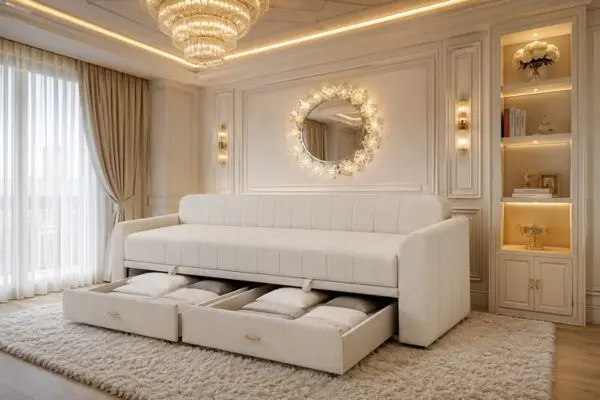 Luxury ivory storage sofa bed with open drawers in a beige bedroom.