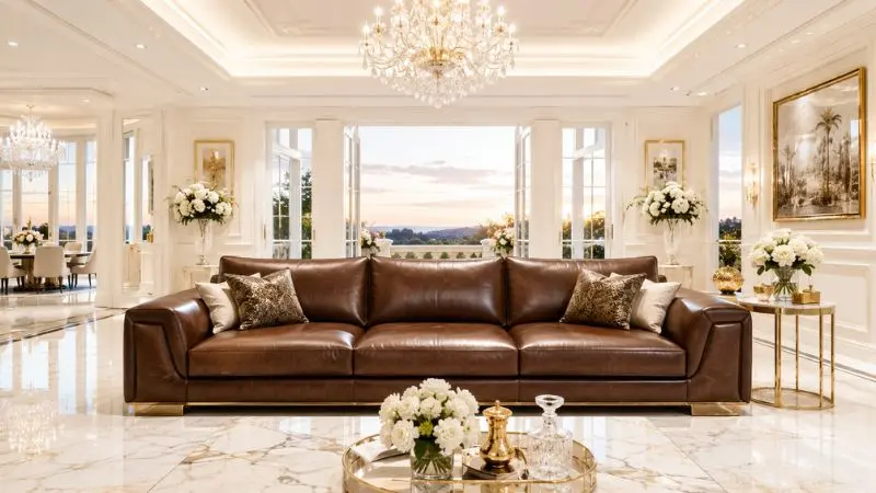 Luxury brown leather sofa in a bright modern US living room