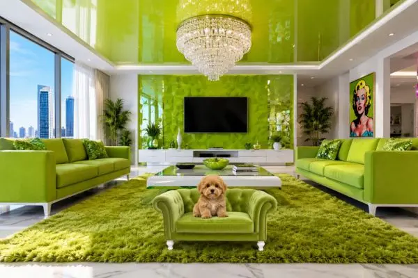 A luxury lime green velvet dog sofa with a cute fluffy ginger puppy in a modern vibrant living room