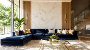 Bright modern living room with a luxury navy blue sectional sofa and marble wall background.