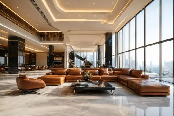 Premium luxury leather sofa set placed in a bright modern penthouse lounge area