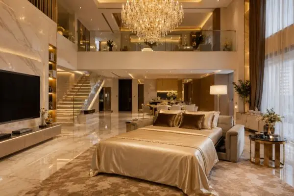A gold silk queen size sleeper sofa bed unfolded in a luxury duplex living room with a giant chandelier.