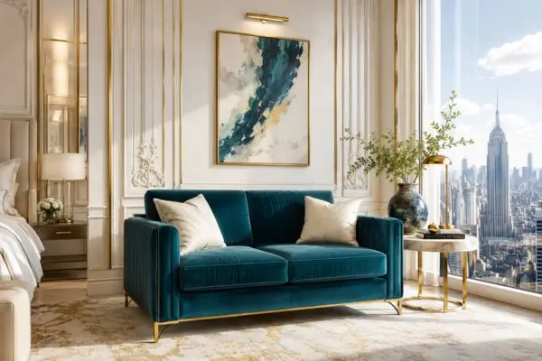 Luxurious teal blue velvet couch near a large bedroom window with a city skyline view.