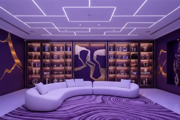 Elegant white curved luxury lounge seating in a deep purple and gold maximalist interior with modern geometric wall lights.
