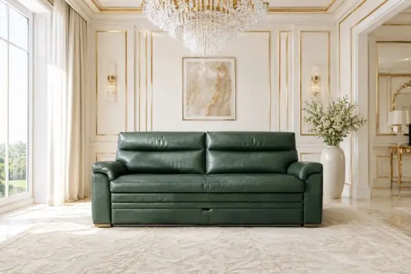 emerald green convertible couch with pull out sleeper mechanism in bright luxury living room