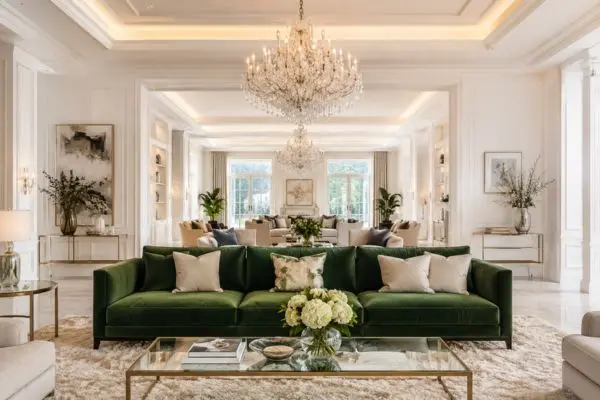 Grand symmetrical layout featuring dual crystal chandeliers and a white interior.