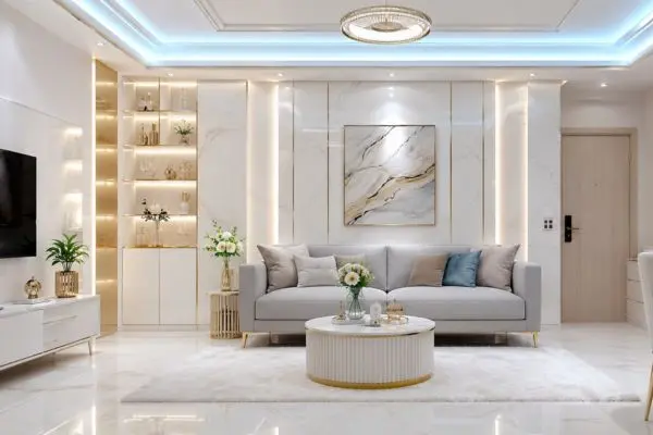 Soft gray sofa with ice-blue neon ceiling lighting in a luxury compact room.