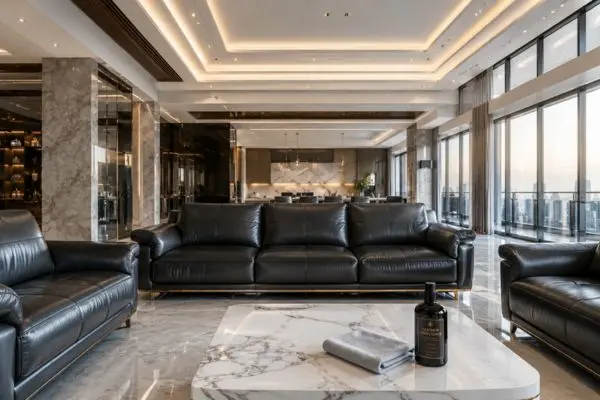 Premium charcoal black furniture styled with conditioner bottle and cloth in a penthouse