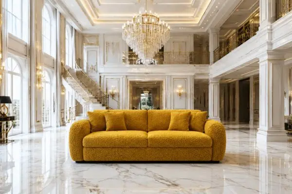 Complete view of a modern mustard yellow couch inside a grand luxury palace living room.
