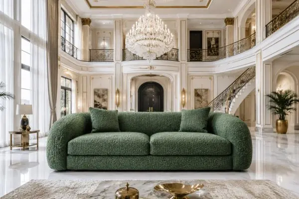 Complete view of a modern emerald green boucle sofa inside a grand luxury palace living room.