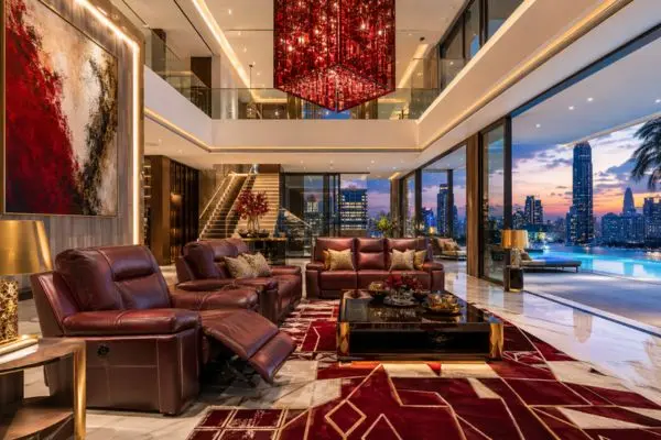 Burgundy leather sofa recliner with power reclining mechanism in a luxury penthouse
