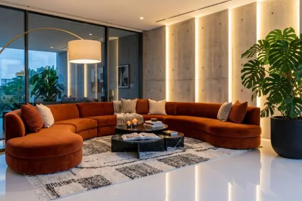 Luxury burnt orange velvet curved lounge centerpiece with large monstera plants and a brass arc lamp