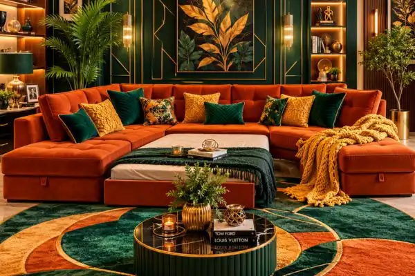 Styled burnt orange velvet sectional sofa bed with cushions and throws