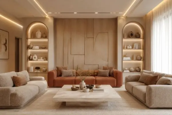 Terracotta and taupe living room sofa set with modern wooden wall paneling