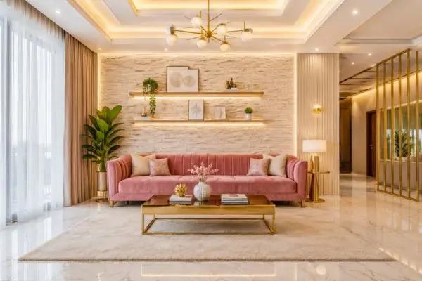 A fully visible pink velvet sofa inside an elegant luxury living room with a textured cream brick feature wall, floating light oak wood shelves, and warm false ceiling lighting.