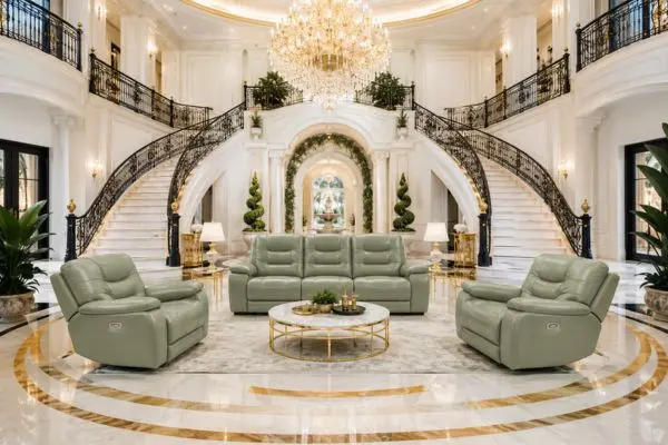 Plush sage green upholstered couches with adjustable footrests in a luxury white grand lobby
