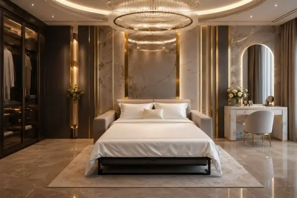 An open bed frame with white sheets sitting under a circular glowing light fixture next to a lit vanity mirror.