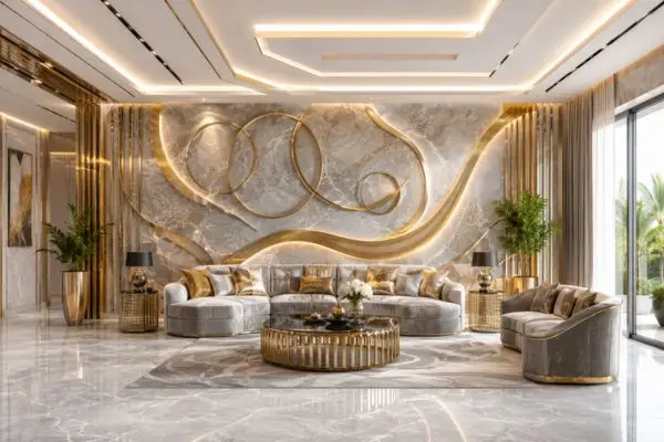 Premium designer couch setup in a luxury living space with grey and gold geometric wall panels.