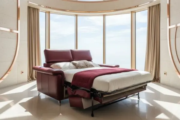 maroon convertible couch extended into sleeper frame with thick mattress in modern penthouse living room