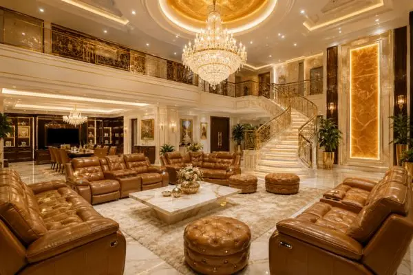 Camel tan leather sofa recliner set in a warm gold luxury villa living room