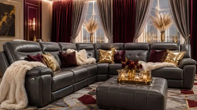 Luxury charcoal gray leather sofa recliner in a modern living room setup