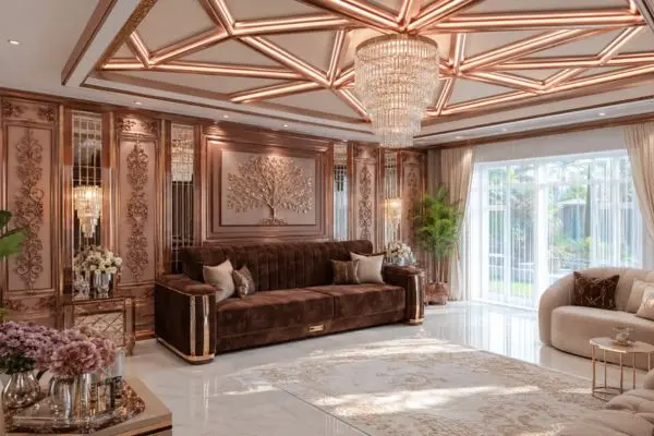 Royal chocolate brown velvet sofa in a luxury lounge with rose gold panels.