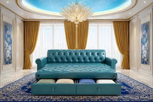 Luxury tufted turquoise leather sofa bed with open drawers on a royal blue carpet.