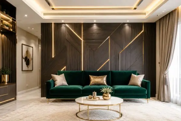 Emerald green velvet sofa against a modern dark wood geometric accent wall.