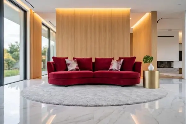 A pristine ruby red velvet round sofa perfectly maintained on a clean light-grey circular rug in a bright modern penthouse living room setup.