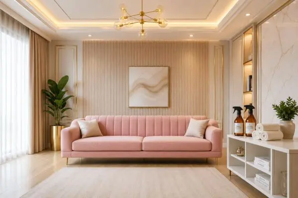 A fully visible modern pink sofa inside a luxury living room with elegant soft beige vertical grooved wall panels and a decorative shelf displaying high-end fabric cleaning accessories.