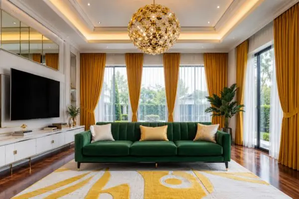 A standard three-seater green velvet sofa in a luxury modern living room with mustard yellow curtains.