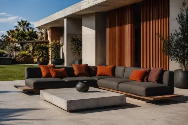 Modern charcoal sectional lounge couch with vibrant terracotta cushions on an upscale outdoor concrete patio.