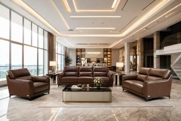 Coordinated premium luxury leather sofa set with a matching loveseat and armchair in a bright living room