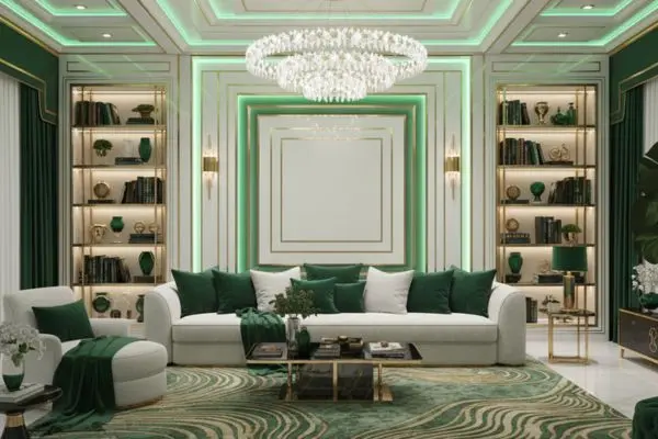 Modern white curved lounge couch in an emerald green and gold maximalist living room with neon tracks.