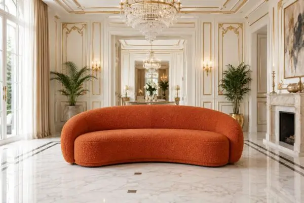 Balanced view of a modern curved burnt orange boucle sofa in a luxury bright living room.
