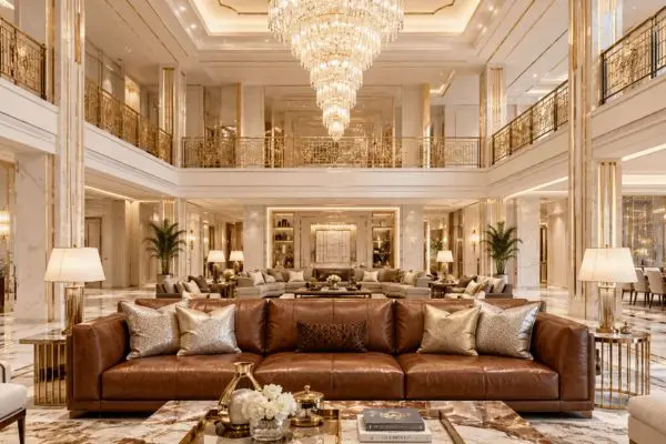 Different types of luxury brown leather sofas in a modern grand duplex interior