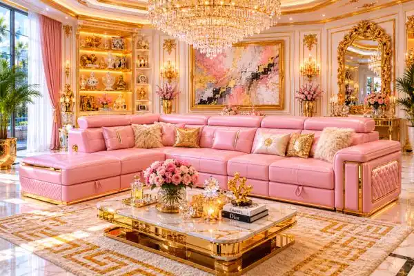 pastel pink convertible sectional couch with visible handles in heavy luxury white and gold royal living room