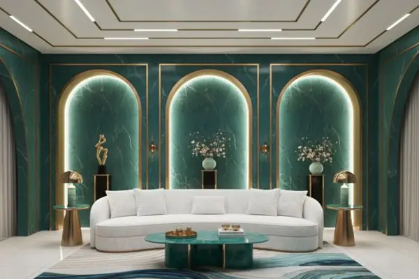 Elegant white curved seating setup in an emerald teal and gold maximalist luxury interior room with linear track lighting.