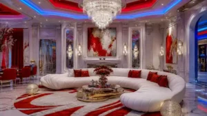 Luxury white curved Dune Sofa in a maximalist modern living room with vibrant red and blue neon ceiling lighting.